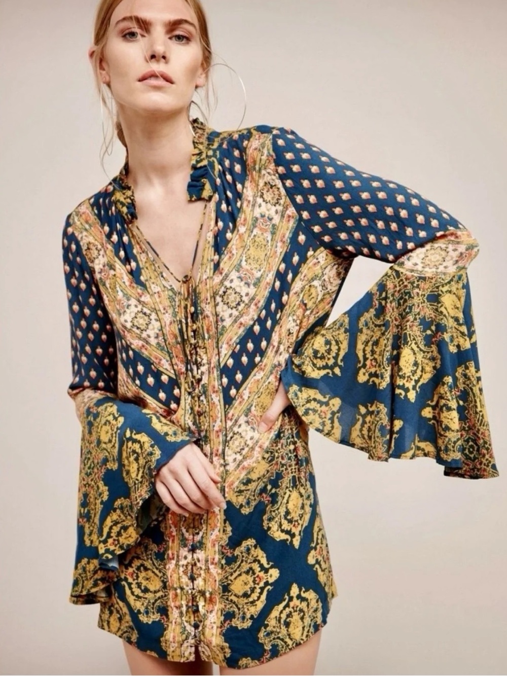 Free People Magic Mystery Tunic Floral Blue & Pink Medium